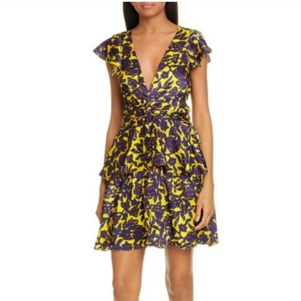 A.L.C.‎ Viera Hammered Silk Twist Front Dress Size 0 Purple Yellow